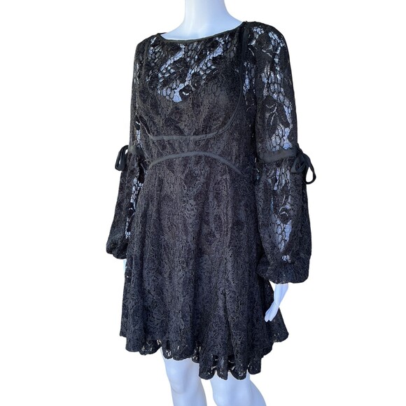 Free People Ruby Lace Mini Dress Balloon Sleeve Black BOHO Witchy Romantic Goth - Picture 4 of 16